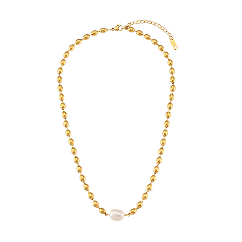 Neptune Pearl Necklace styled at collarbone