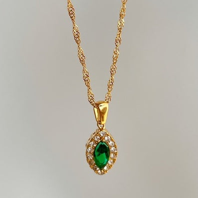 Olivia Zircon Pendant styled on model neckline
