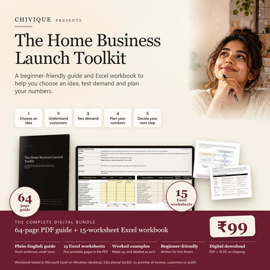 The Home Business Launch Toolkit: 64-page PDF guide and 15-worksheet Excel workbook, shown with the real cover, a real worksheet and two guide pages. Complete digital bundle.