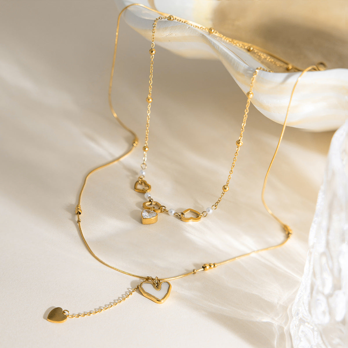 Mother-of-pearl shell and zircon detailing close-up